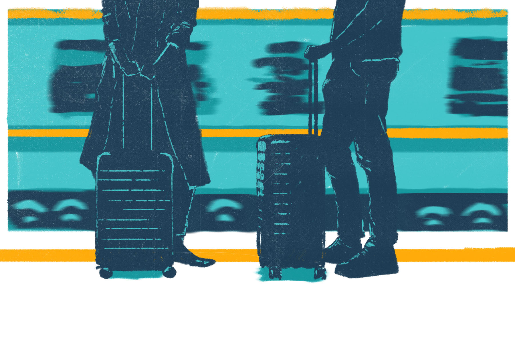 An illustration of the lower bodies of two people standing on a station platform with suitcases