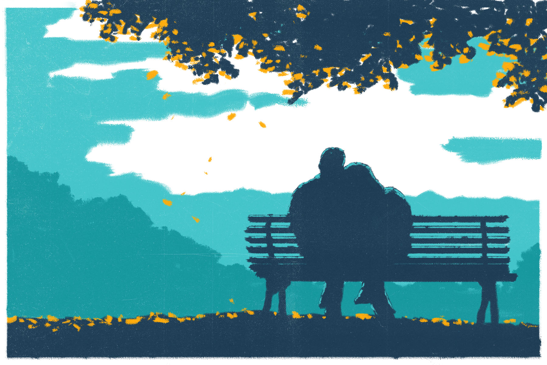 An illustration of two people sitting on a bench, looking at a view