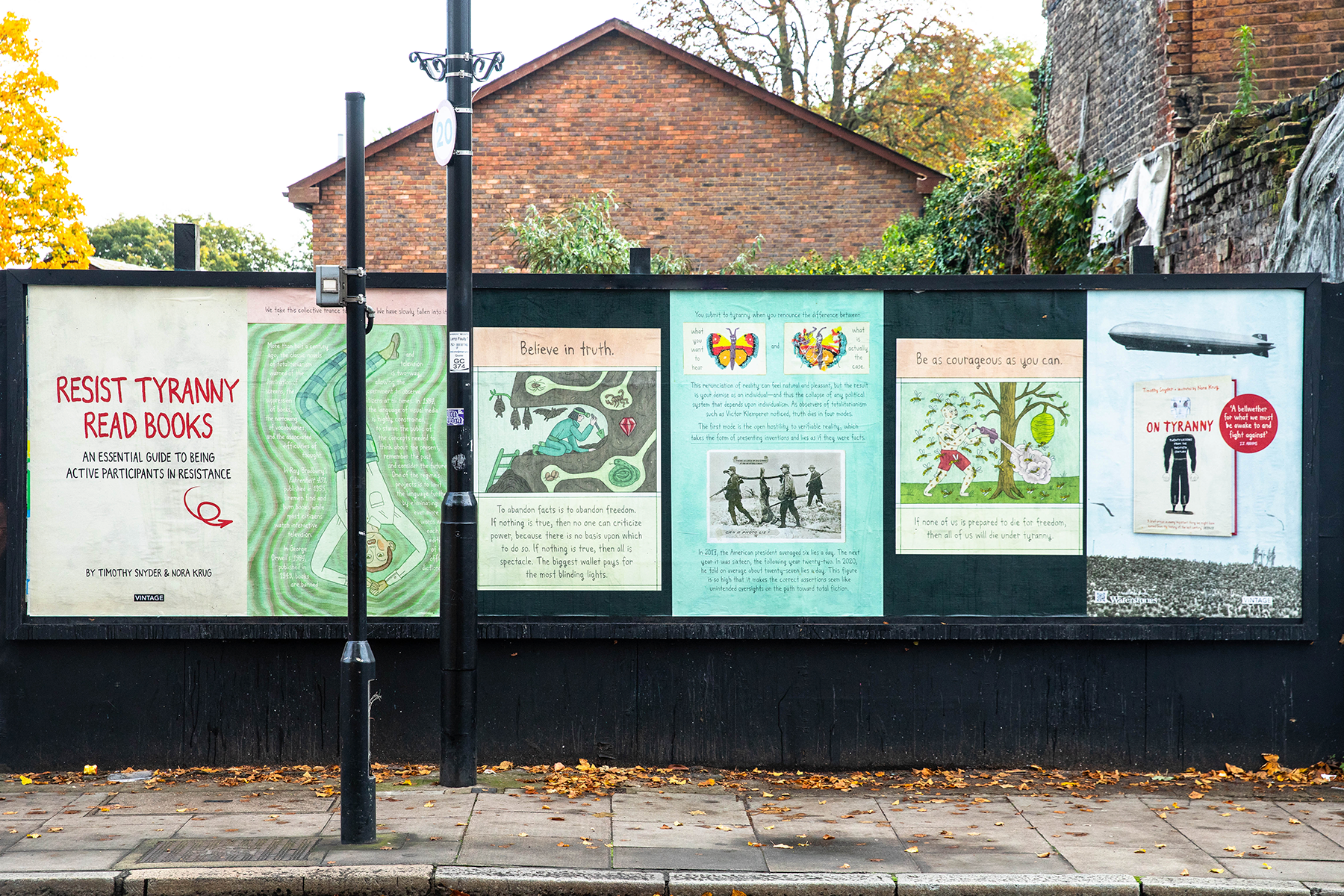 A six-in-a-row poster display of an adapted extract from the graphic edition of On Tyranny.