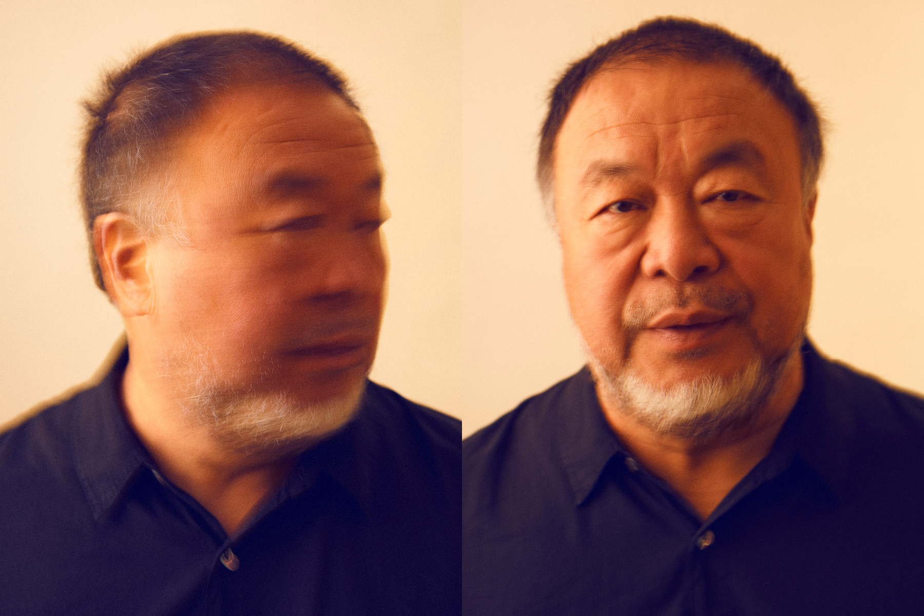 Two photographs of Ai Wei-wei against a beige backdrop, side-by-side