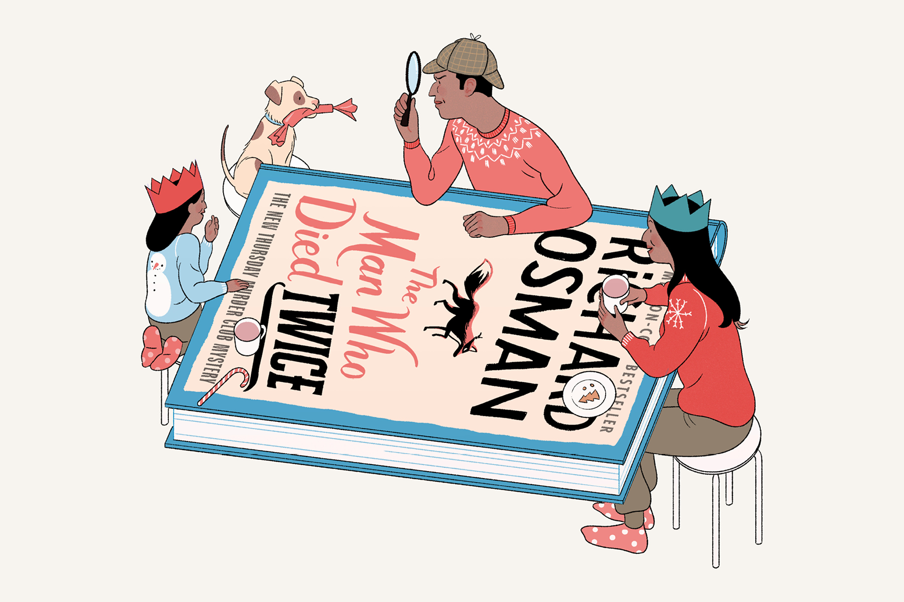An illustration of crime readers, holding a magnifying glass, etc, gathered around a table whose top is Richard Osman's novel 'The Man Who Died Twice'.