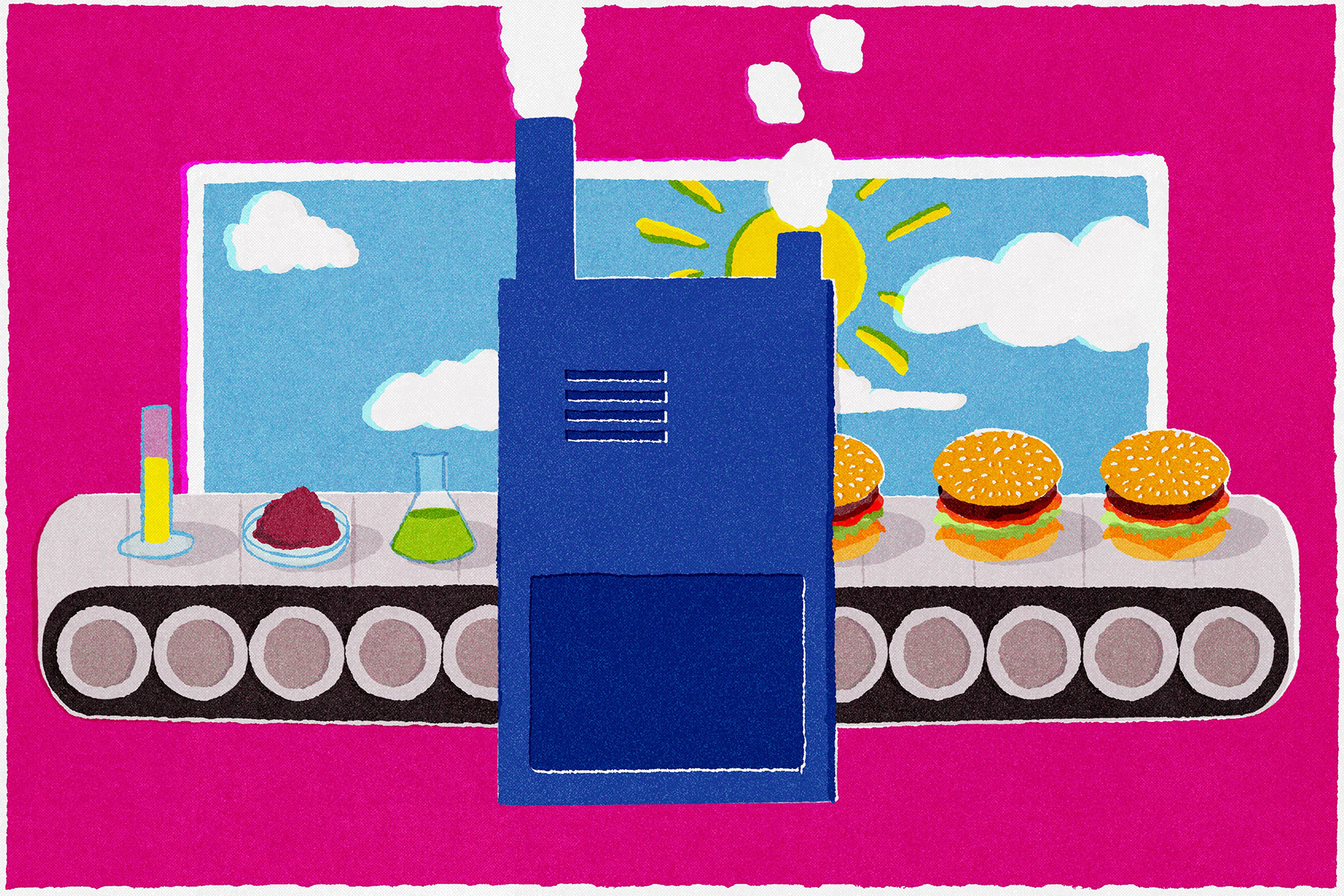 An illustration of a factory conveyor belt: on the left, chemical beakers and petri dishes of ingredients go in; on the right, hamburgers come out