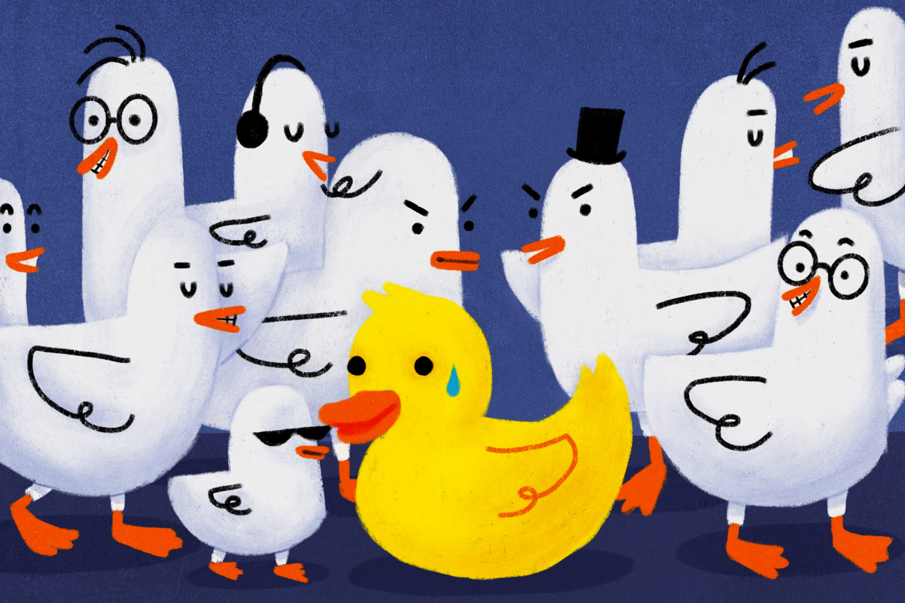 An illustration of a rubber duck surrounded by real ducks