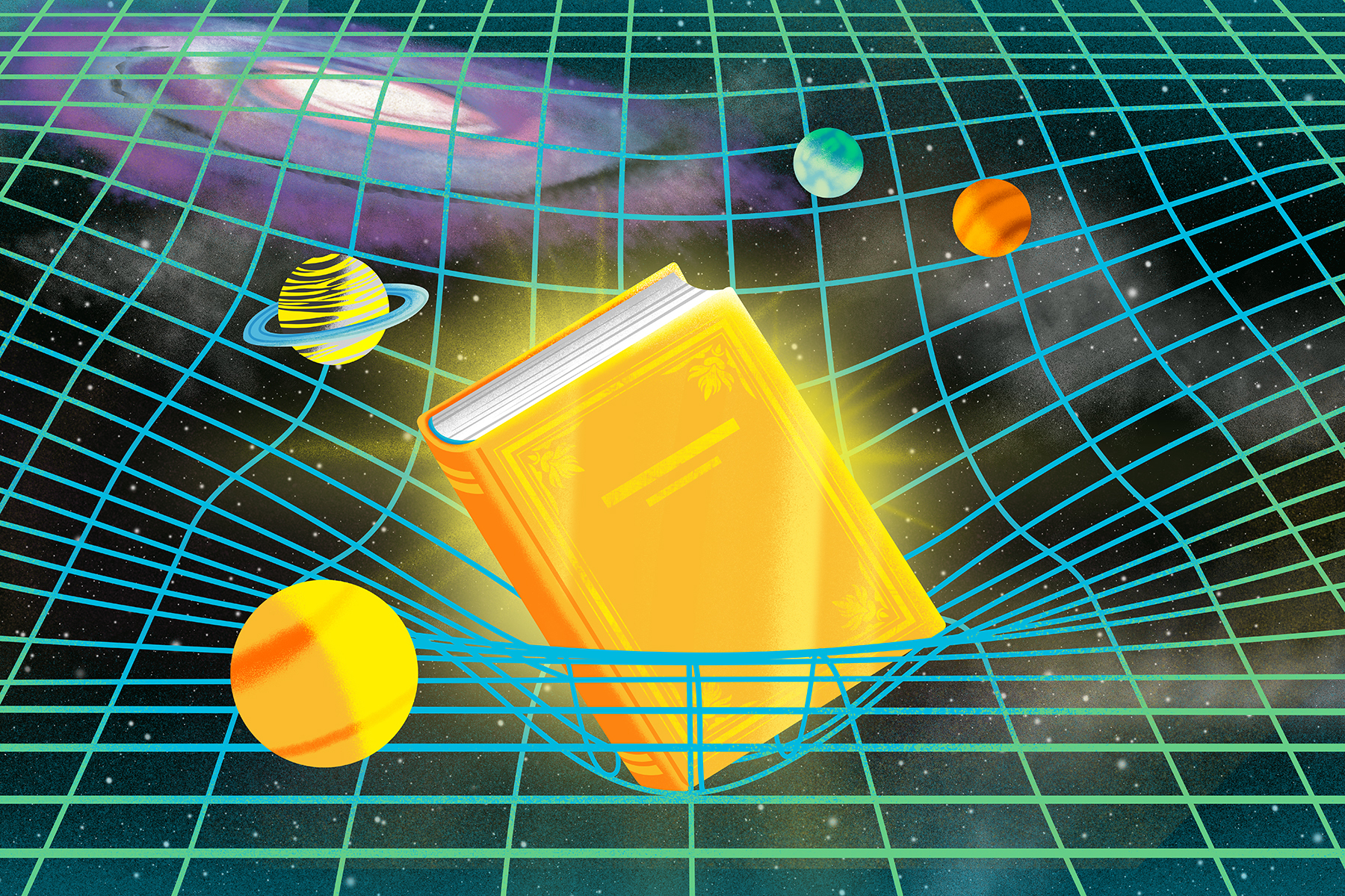 An illustration of a golden book in a gravitational field with galaxies and planets encircling it.