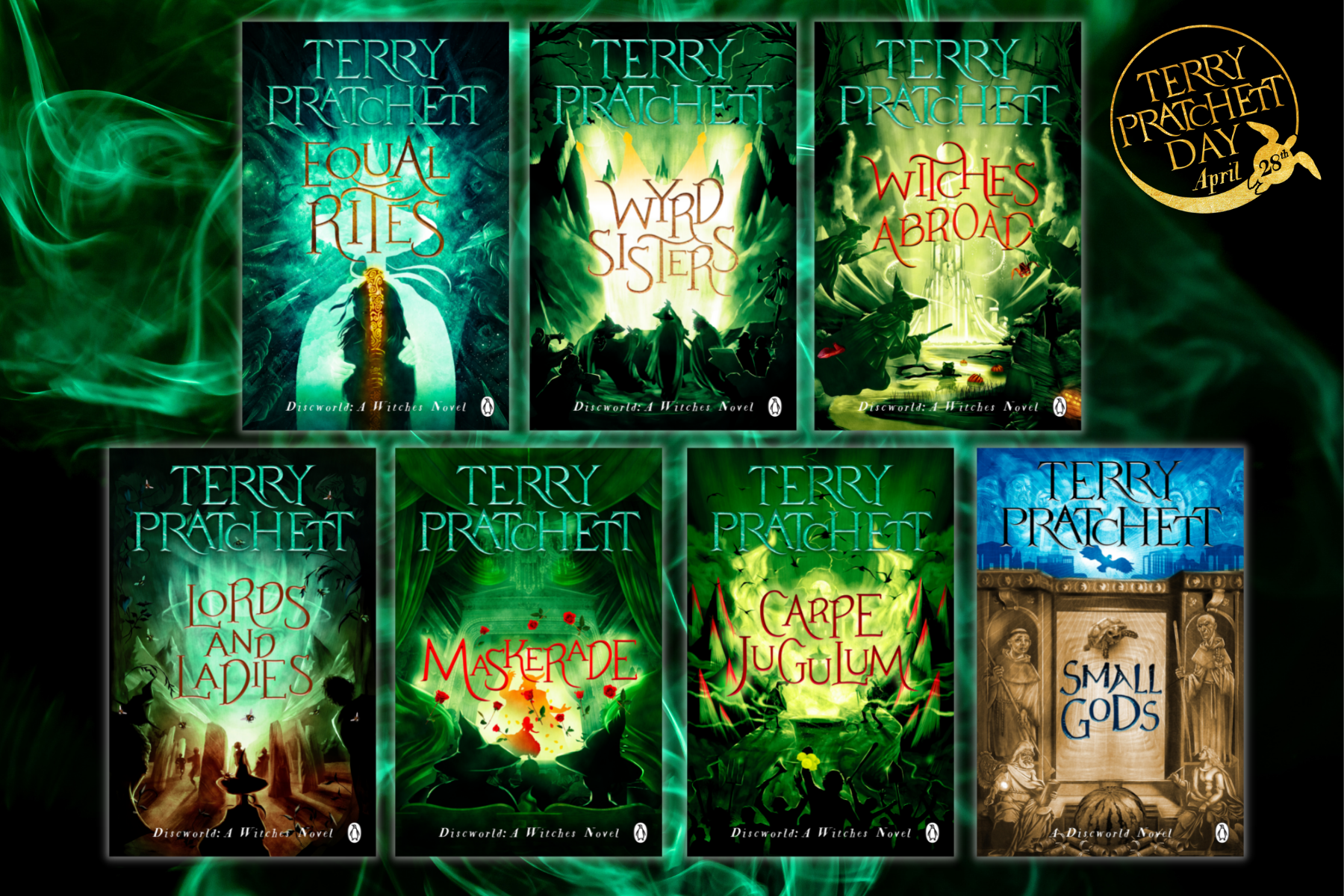 An image of seven Terry Pratchett books against a smoky green background