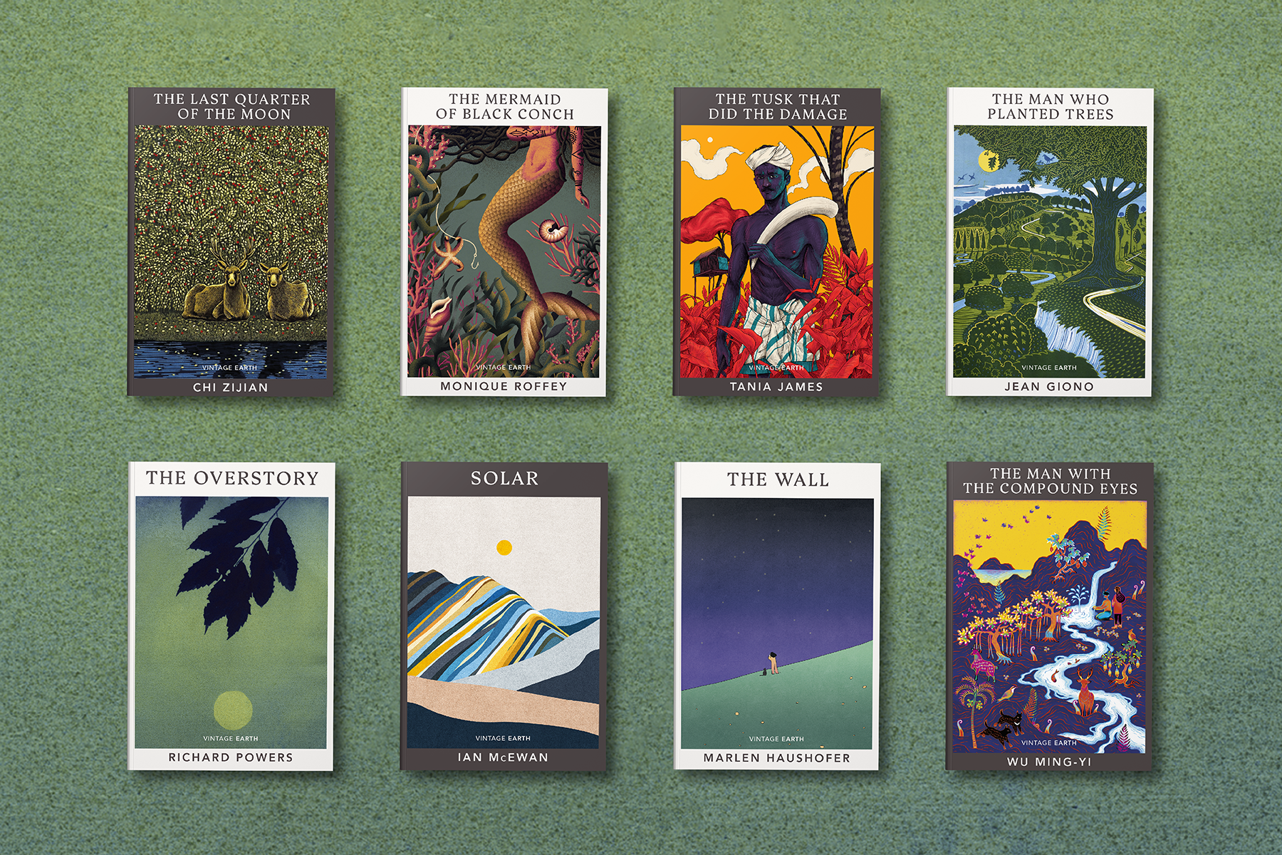 Jackets of Vintage Earth series of fiction with environmental themes, tiled against a green background
