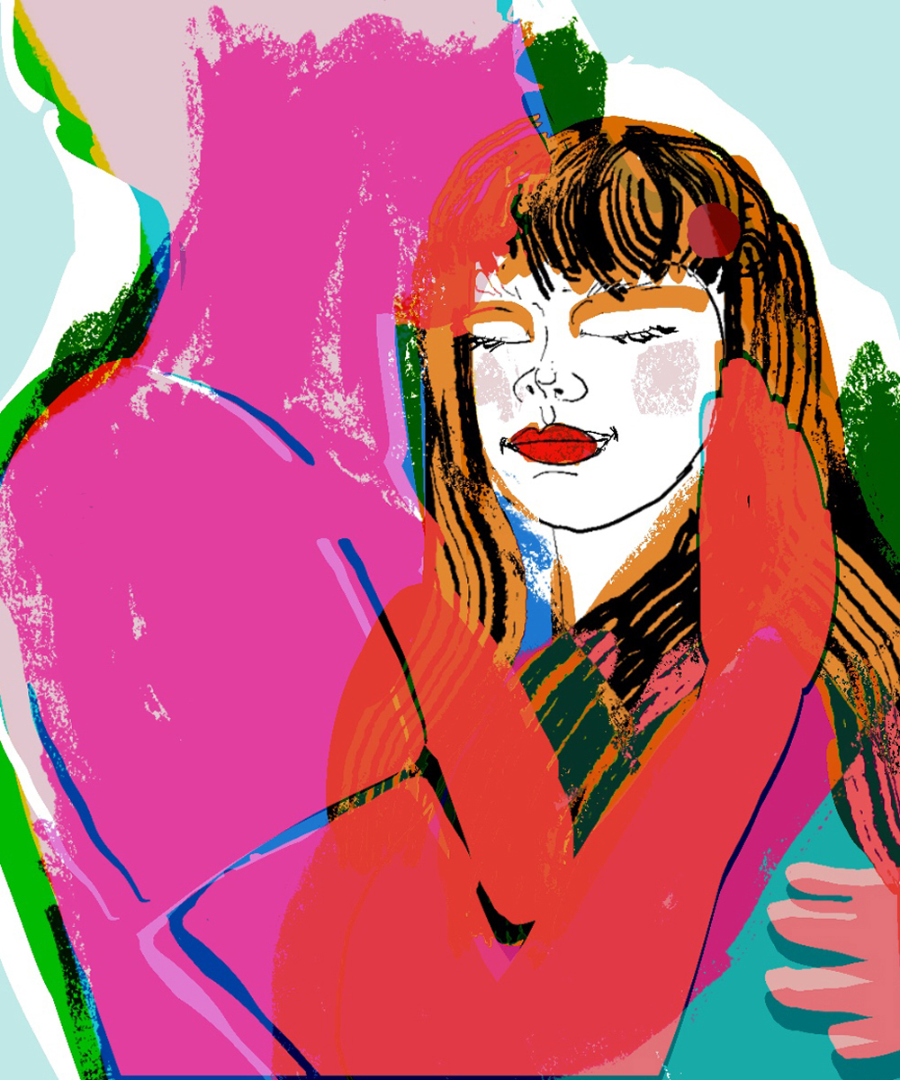 An illustration of a woman being embraced by a colourful human shadow-form.