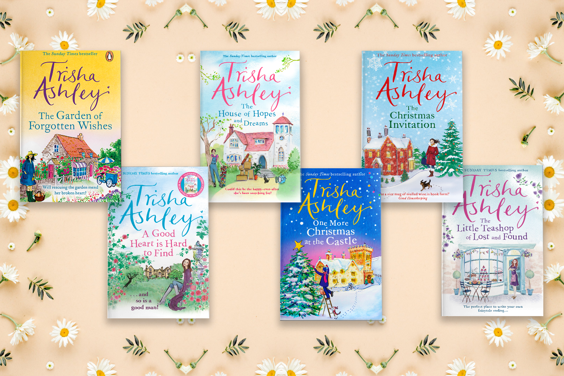 A flatlay of six Trisha Ashley books covers, laid against a floral background