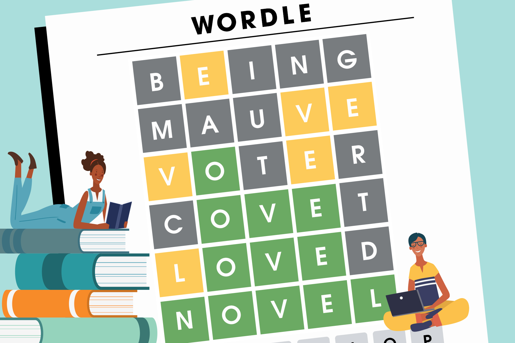 A completed Wordle puzzle, spelling 'novel', with people playing it on either side