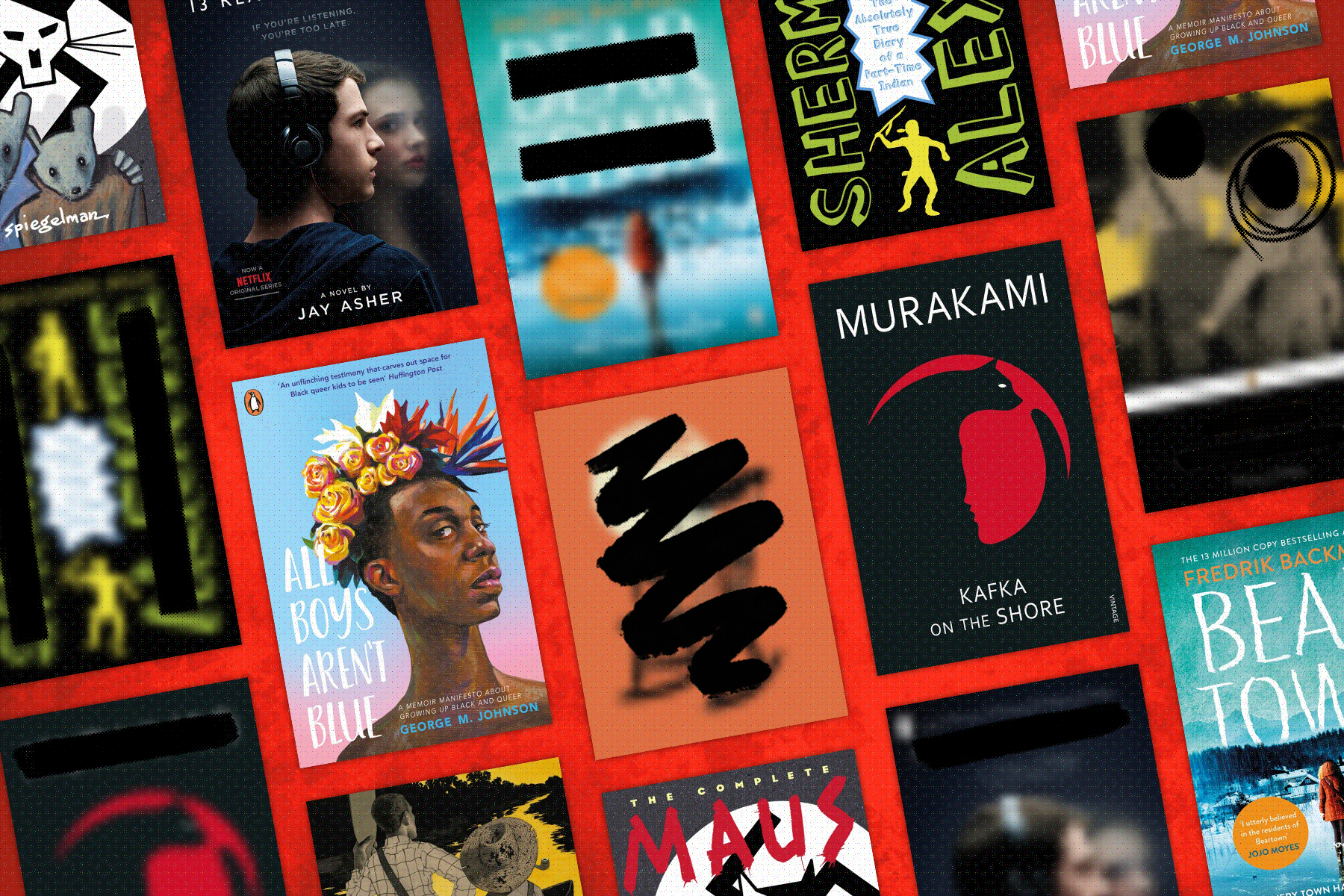 A flatlay image of covers of banned books against a red background – some are blurred out or otherwise visually censored