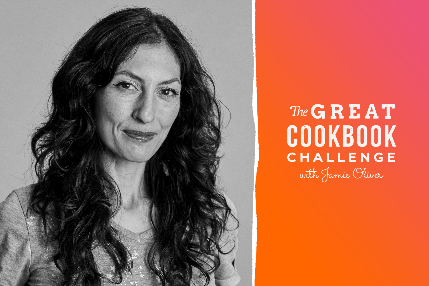 A photo of Dominique Woolf, winner of the Great Cookbook Challenge with Jamie Oliver.
