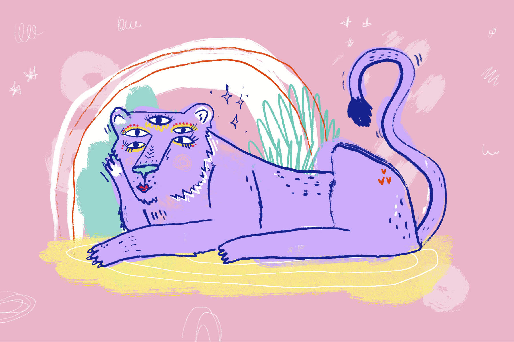 A drawing of a purple lion lying down against a pink background