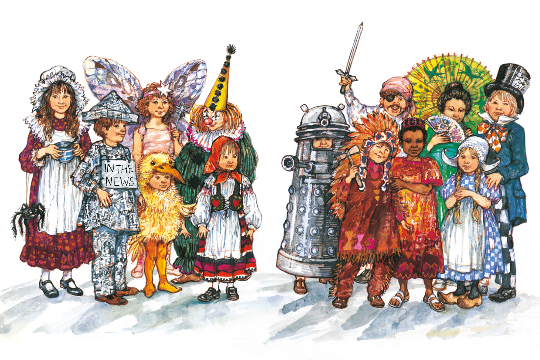 A Shirley Hughes illustration of two groups of children in fancy dress outfits