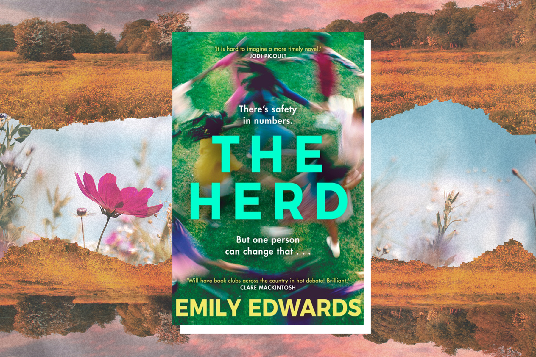 An image of the cover of the Herd against a collage backdrop of flowers