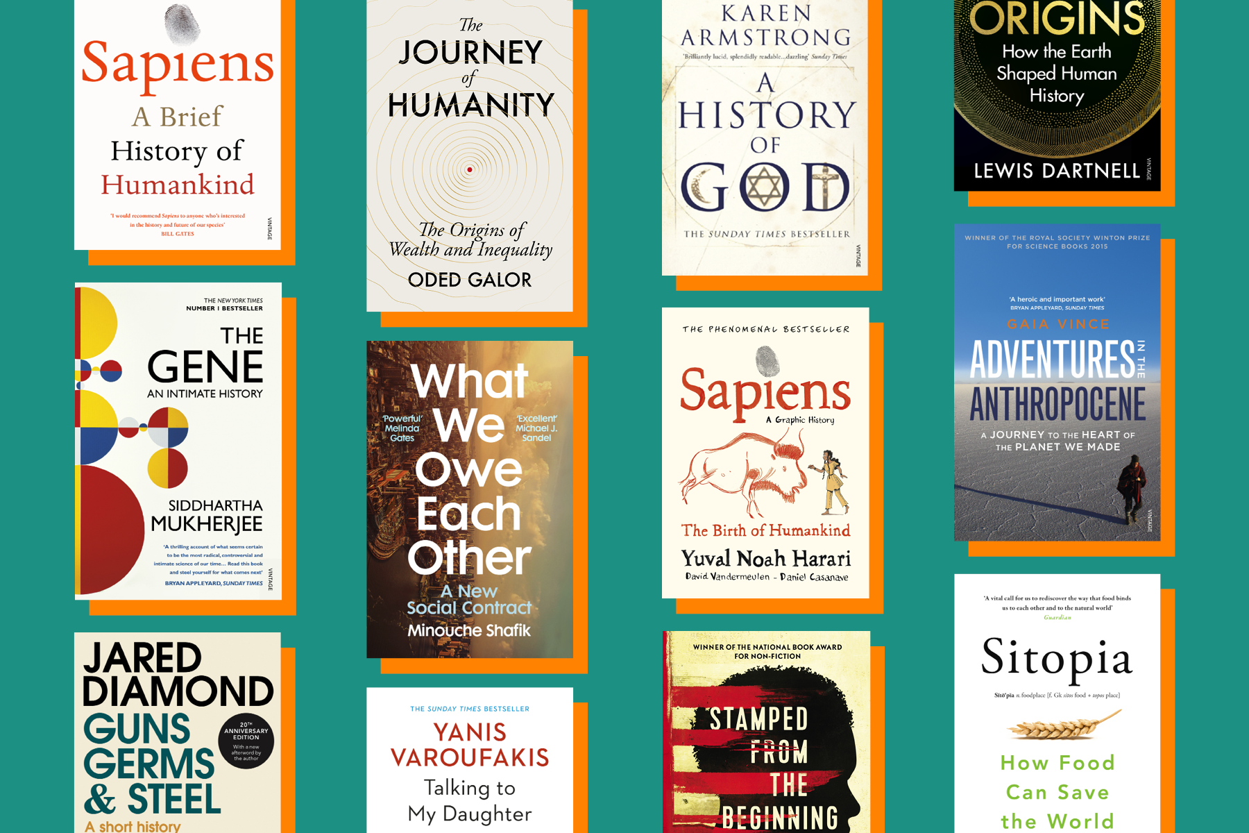 Tiled graphic of book jackets against a green background, including Sapiens and The Journey of Humanity