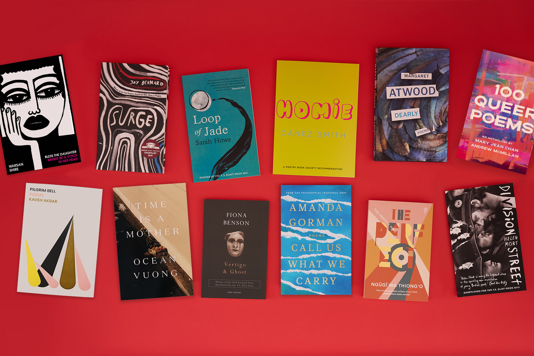 Flat lay of 12 poetry collections against a bright red background.