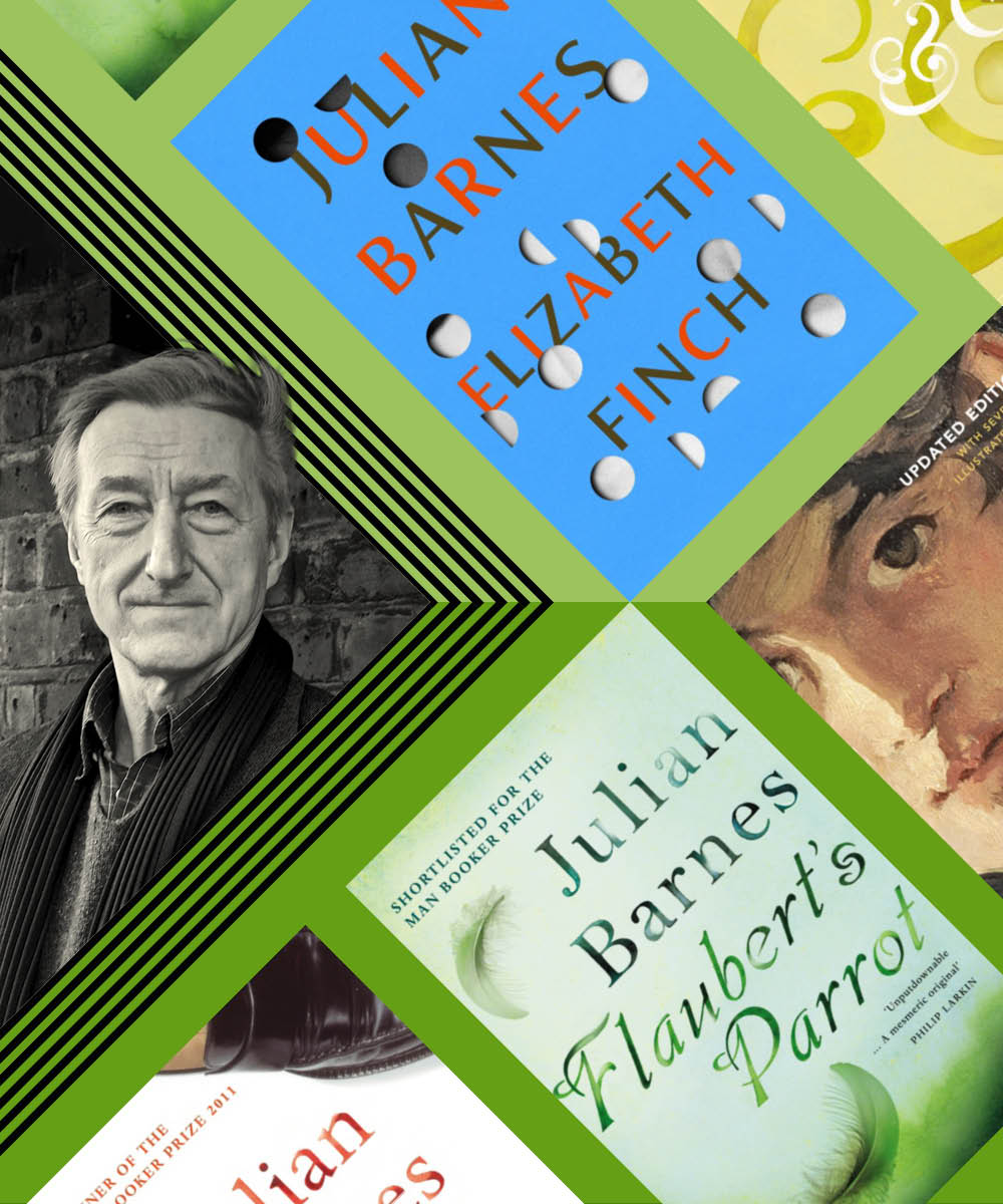 A black-and-white photograph of Julian Barnes, on the left, next to a large green arrow towards a flatlay of his book covers
