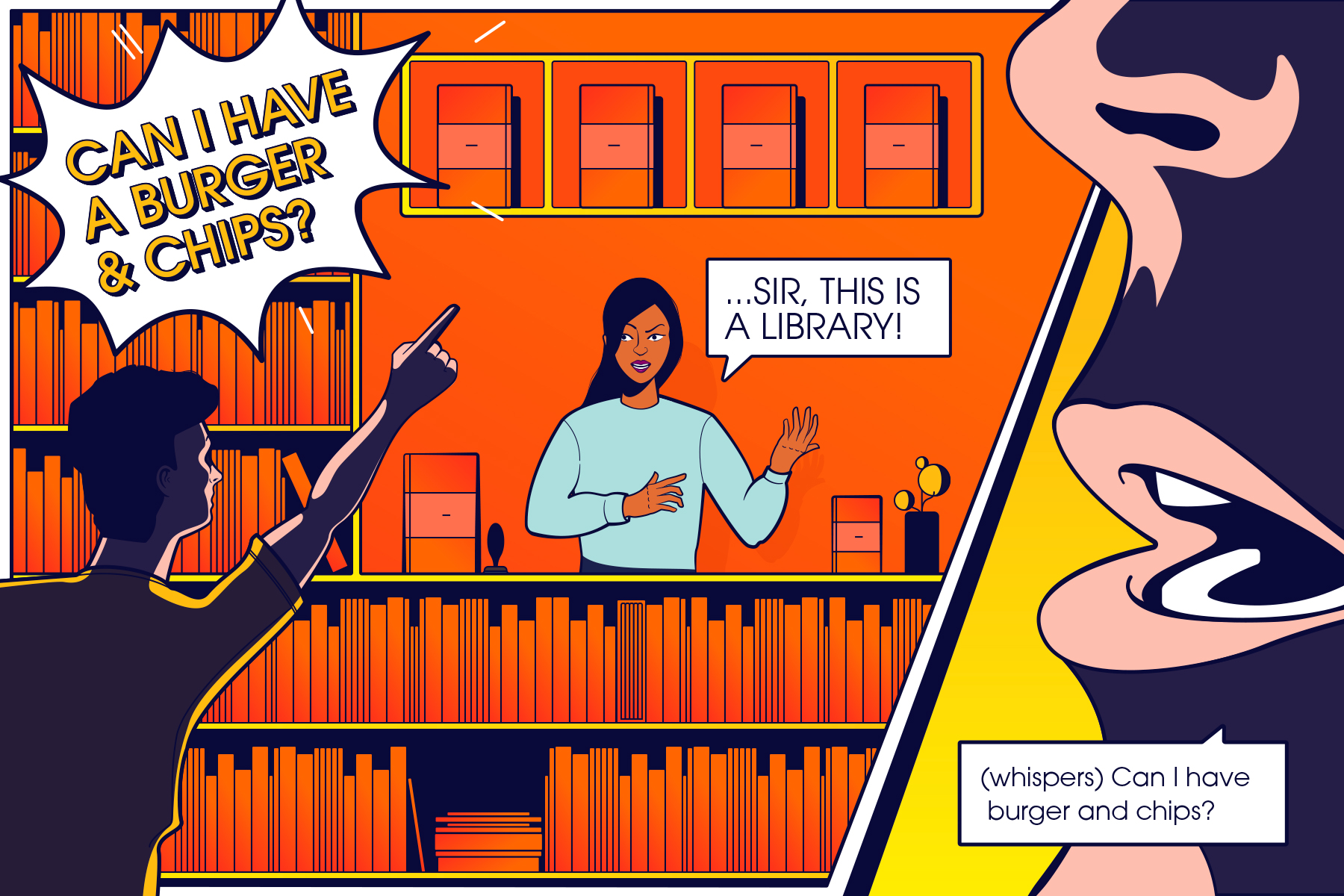 A cartoon strip showing a man trying to burger in a library
