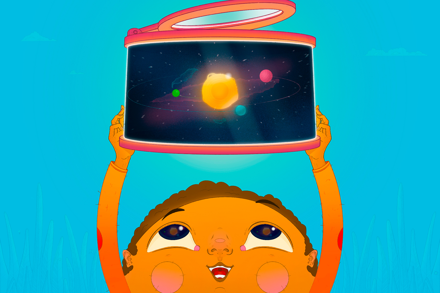 An illustration of a child looking up into a bug viewer, with a universe inside
