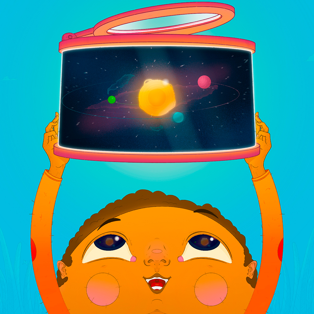An illustration of a child looking up into a bug viewer, with a universe inside