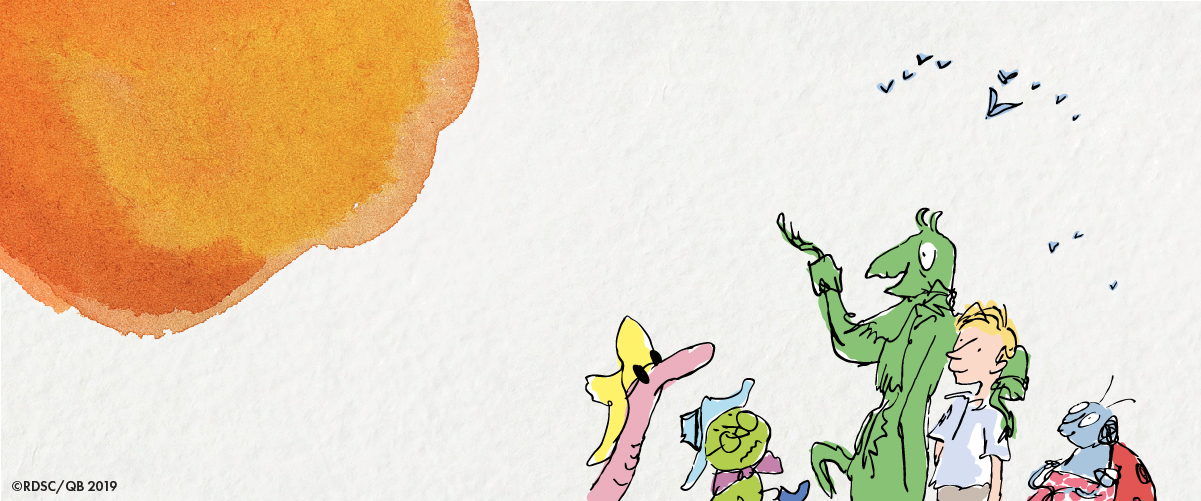 An illustration by Quentin Blake of the characters from James and the Giant Peach