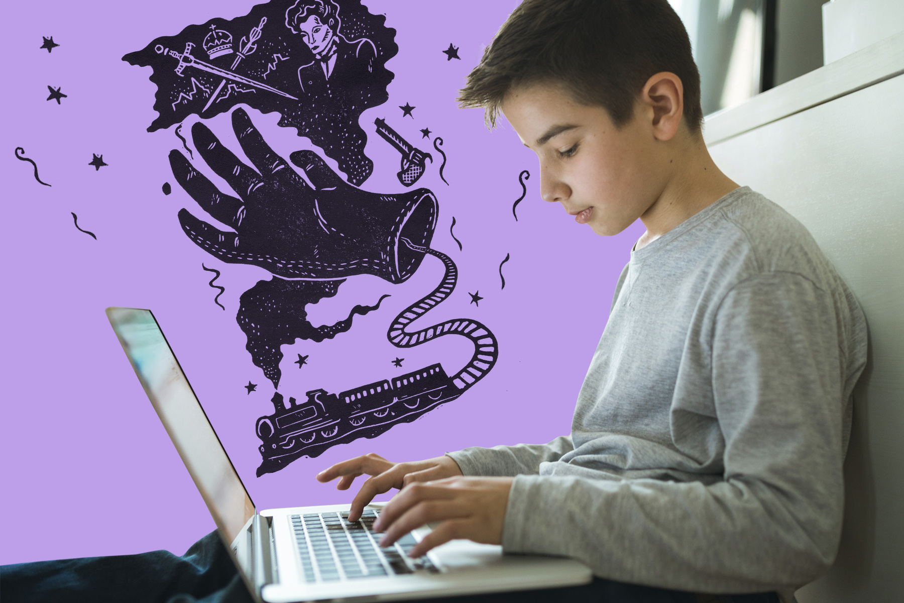 Young boy writing fan fiction on a laptop against a purple illustrated background