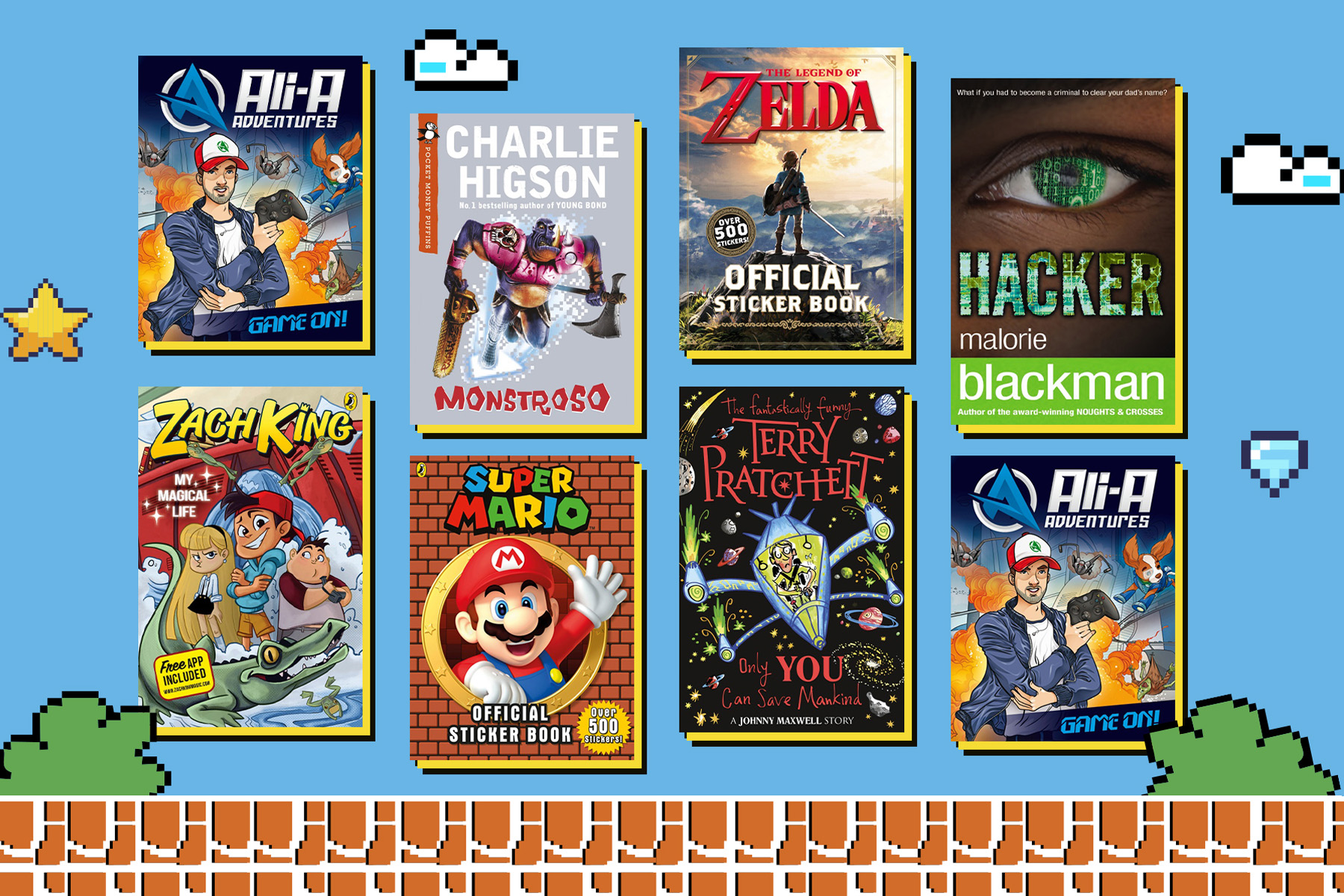 A selection of gaming books on a blue old school Super Mario Bros style background