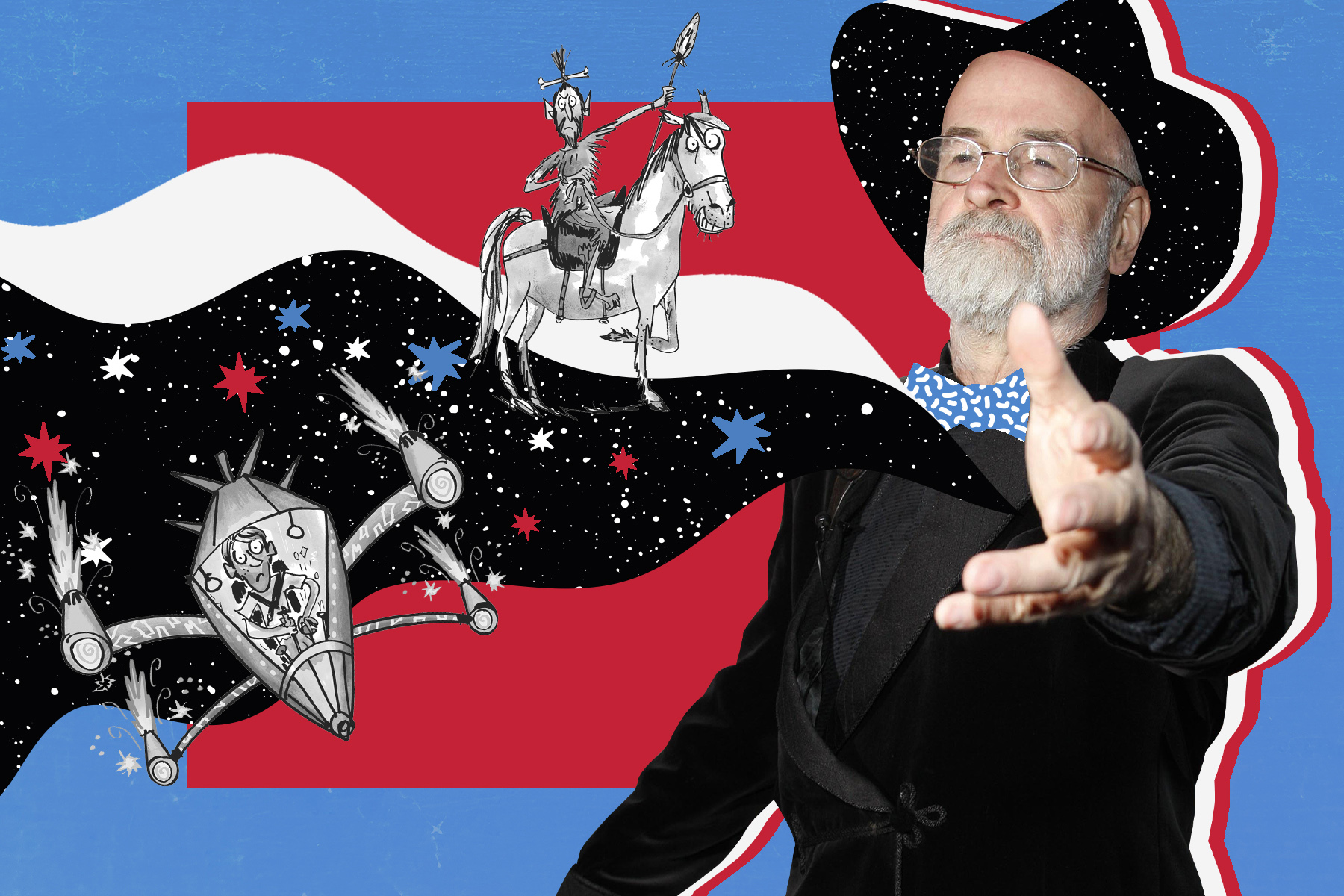 An image of the author Terry Pratchett, on a red and blue background, holding out his hand as though he is casting a spell and there are a couple of illustrations from his books riding the wave