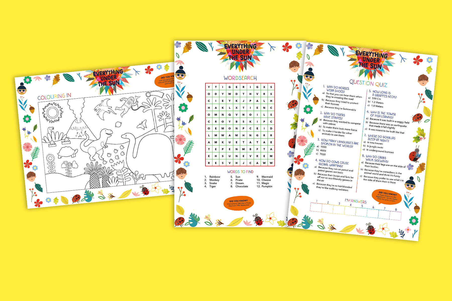 A photo of the Everything Under the Sun activity sheets on a bright yellow background