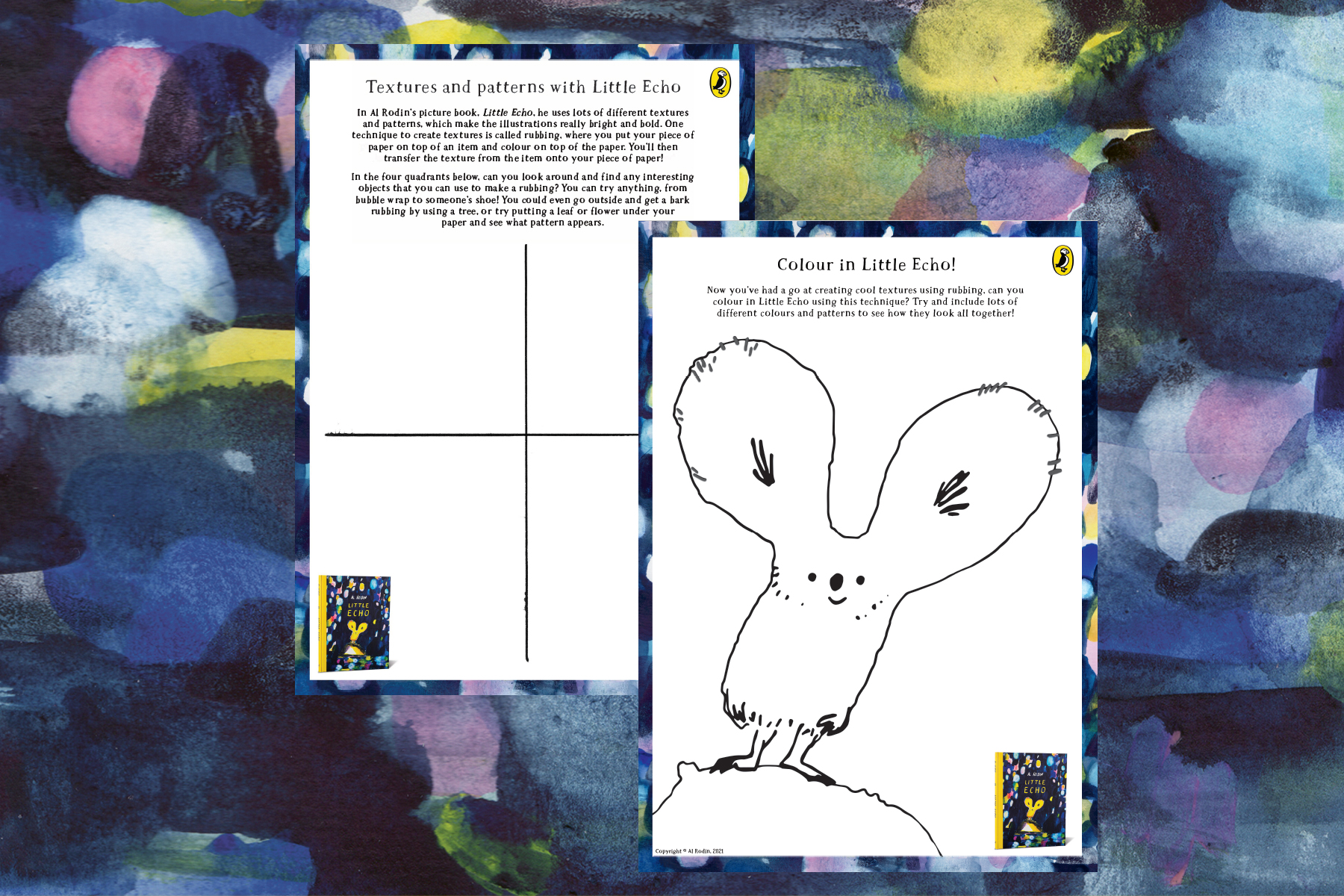 A picture of the Little Echo activity sheets on a textured watercolour background
