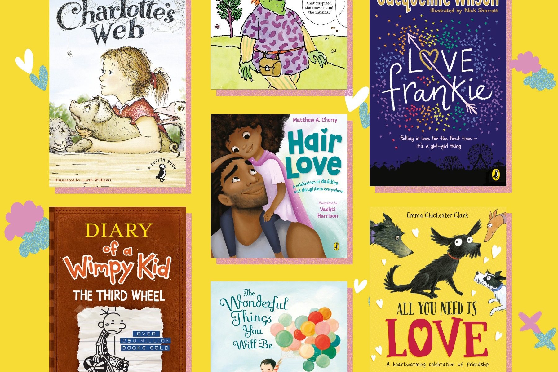 An image of a selection of children's books about love on a yellow background with heart doodles