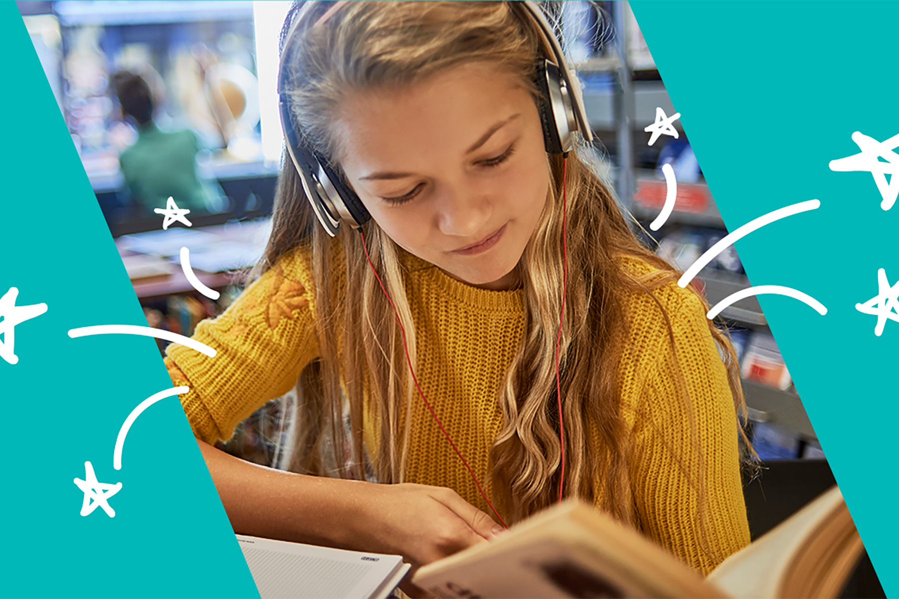 A photo of a young girl with headphones on in a library reading a book