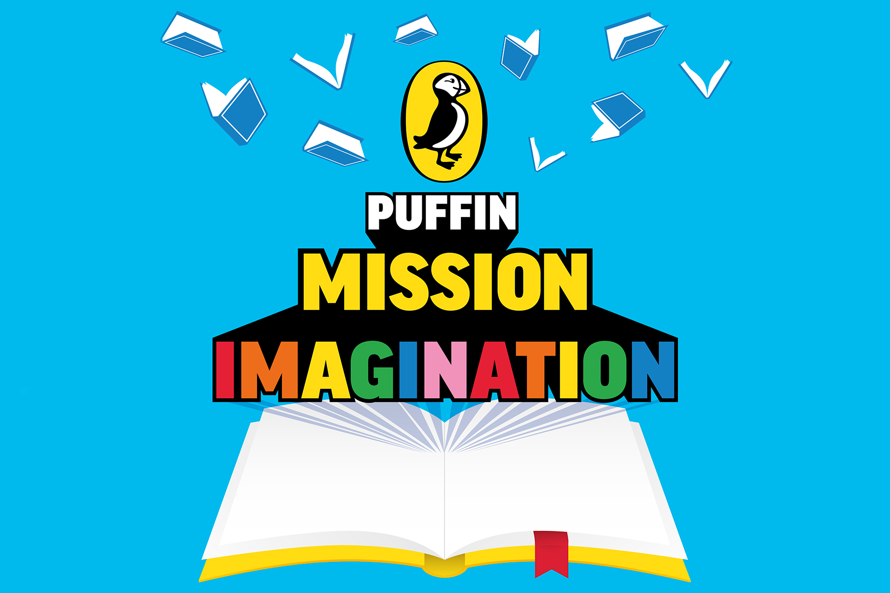 A blue image with the words 'Puffin Mission Imagination' in the centre in a bold multicoloured graphic text above an illustration of an open book