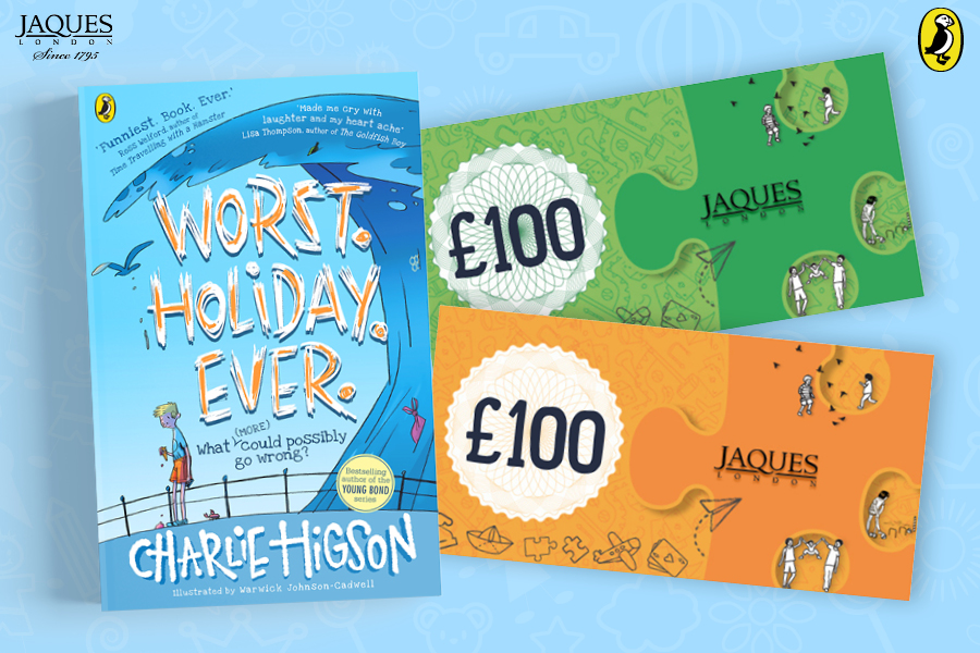 A photo of Charlie Higson's new book Worst. Holiday. Ever. on a light blue doodle background next to two £100 vouchers from Jaques London