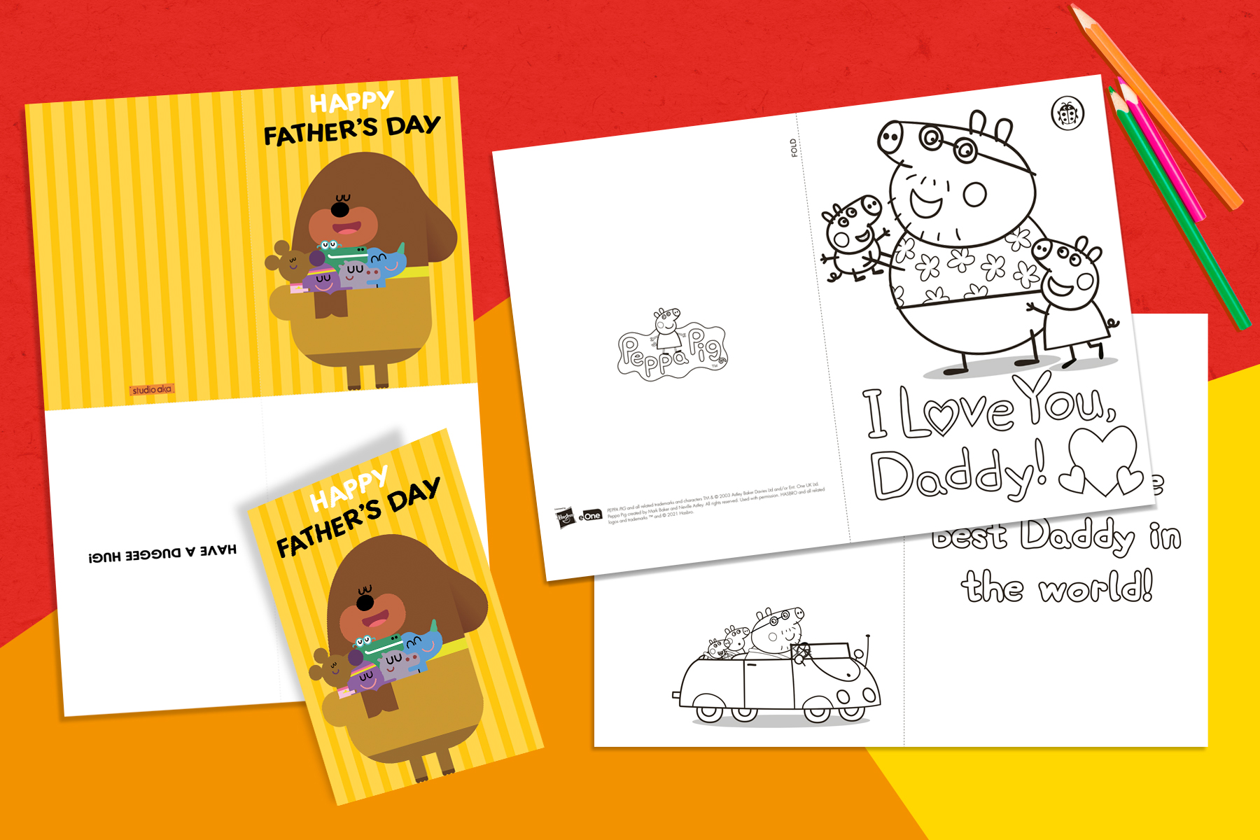 A picture of a Hey Duggee DIY Father's Day card and a Peppa Pig Father's Day card on a red, orange and yellow background