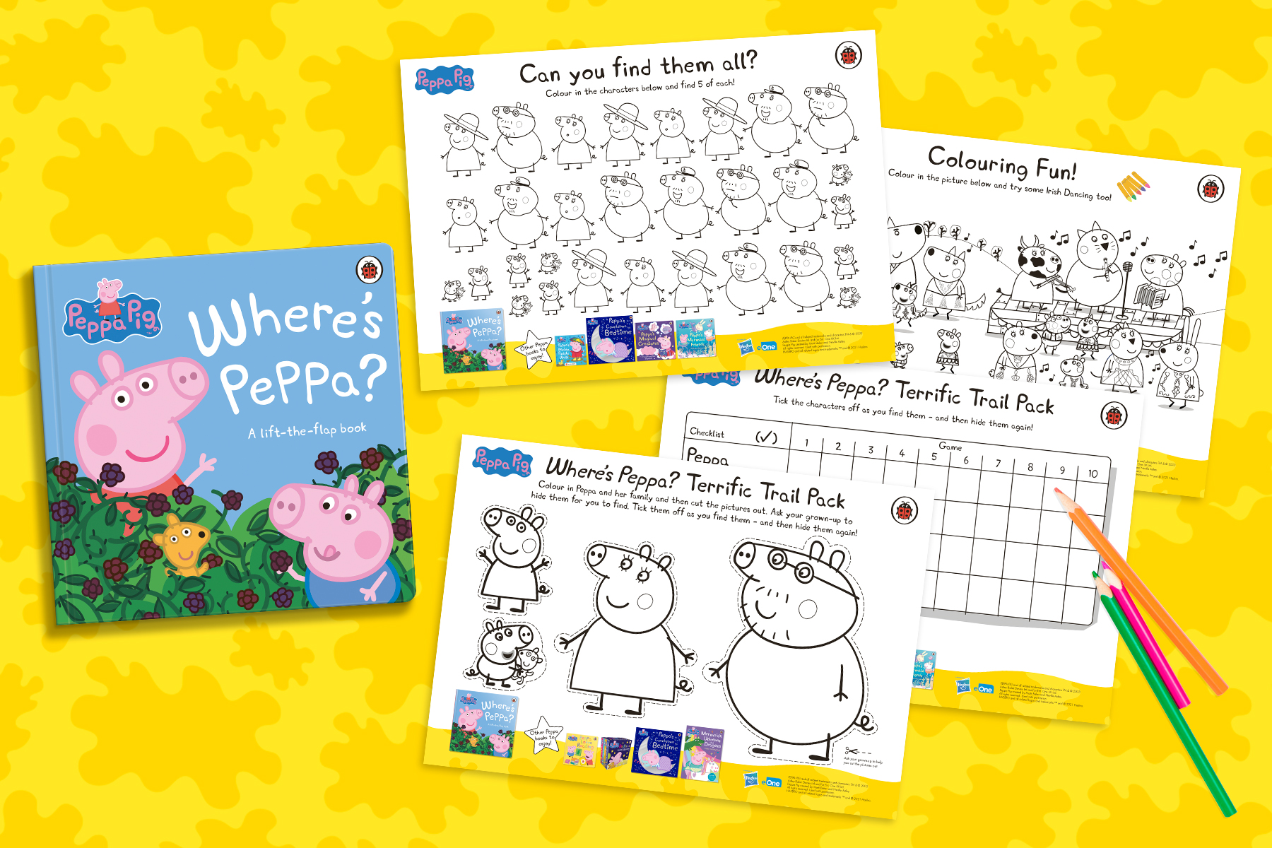 A picture of four Peppa Pig activity sheets on a yellow splotch background with colouring pencils
