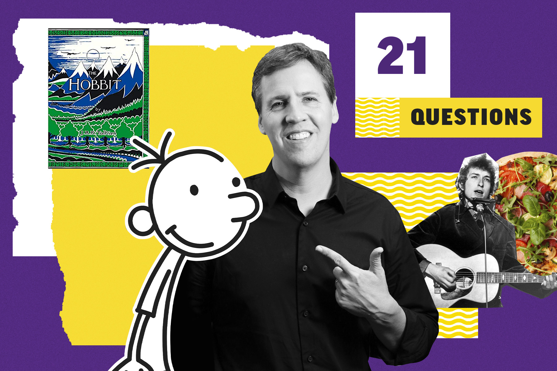 Image of author Jeff Kinney on a yellow and purple background alongside a drawing of wimpy kid Greg Heffley, an image of Bob Dylan and pizza, and the book cover of The Hobbit by J. R. R. Tolkien