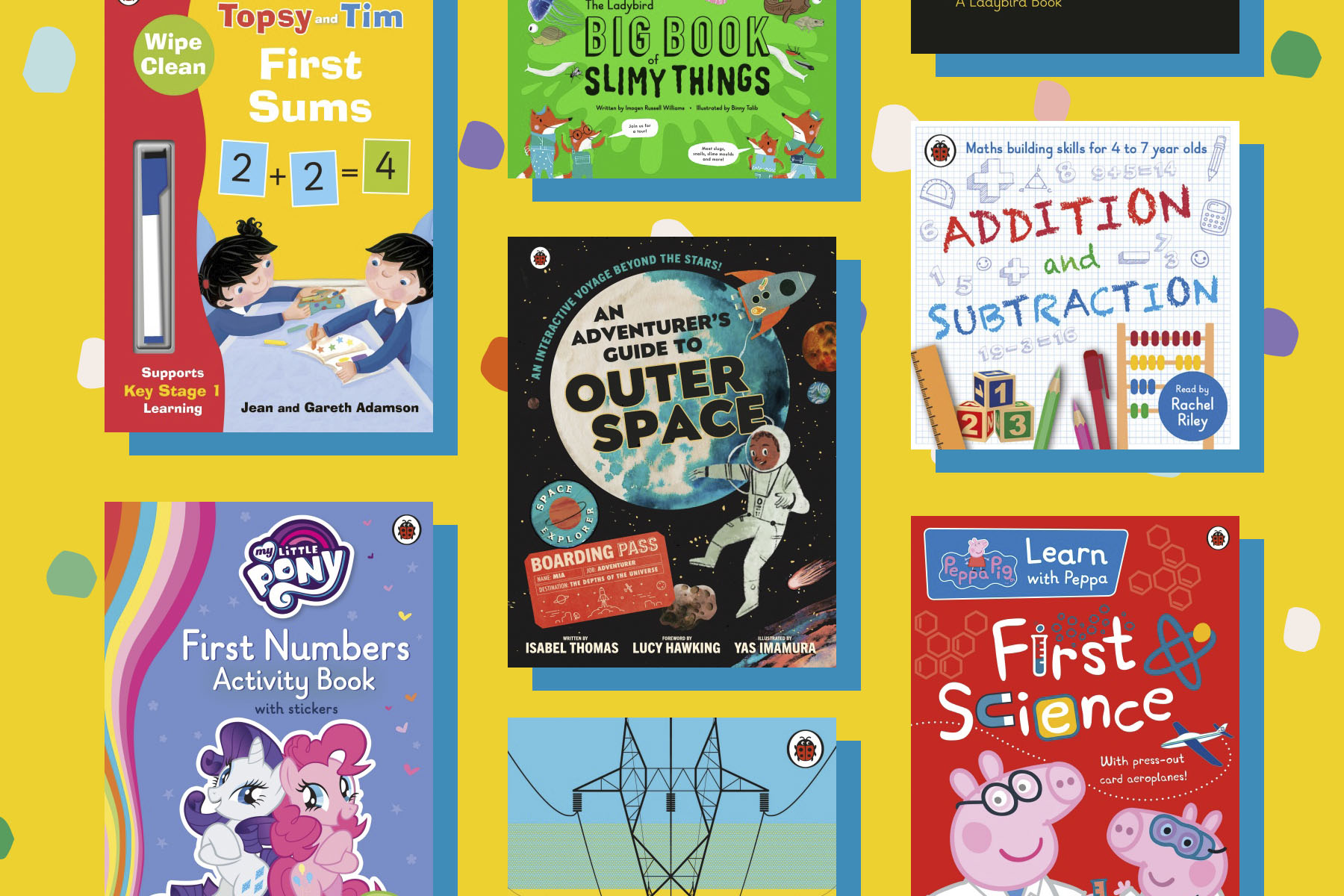 A photo of several STEM children's books on a yellow background with colourful spots