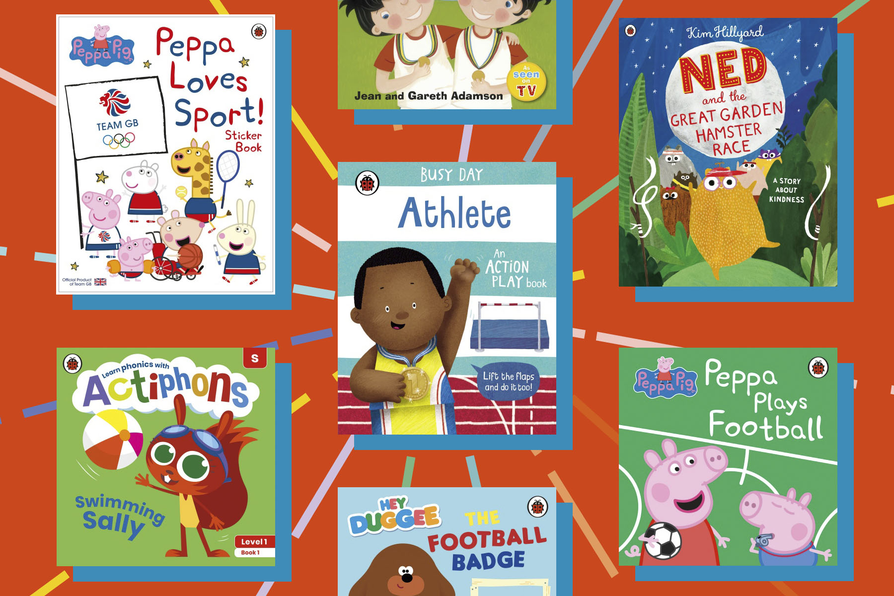 A image of several Ladybird sports-related books on a red background with multicoloured stripes shooting out of the centre