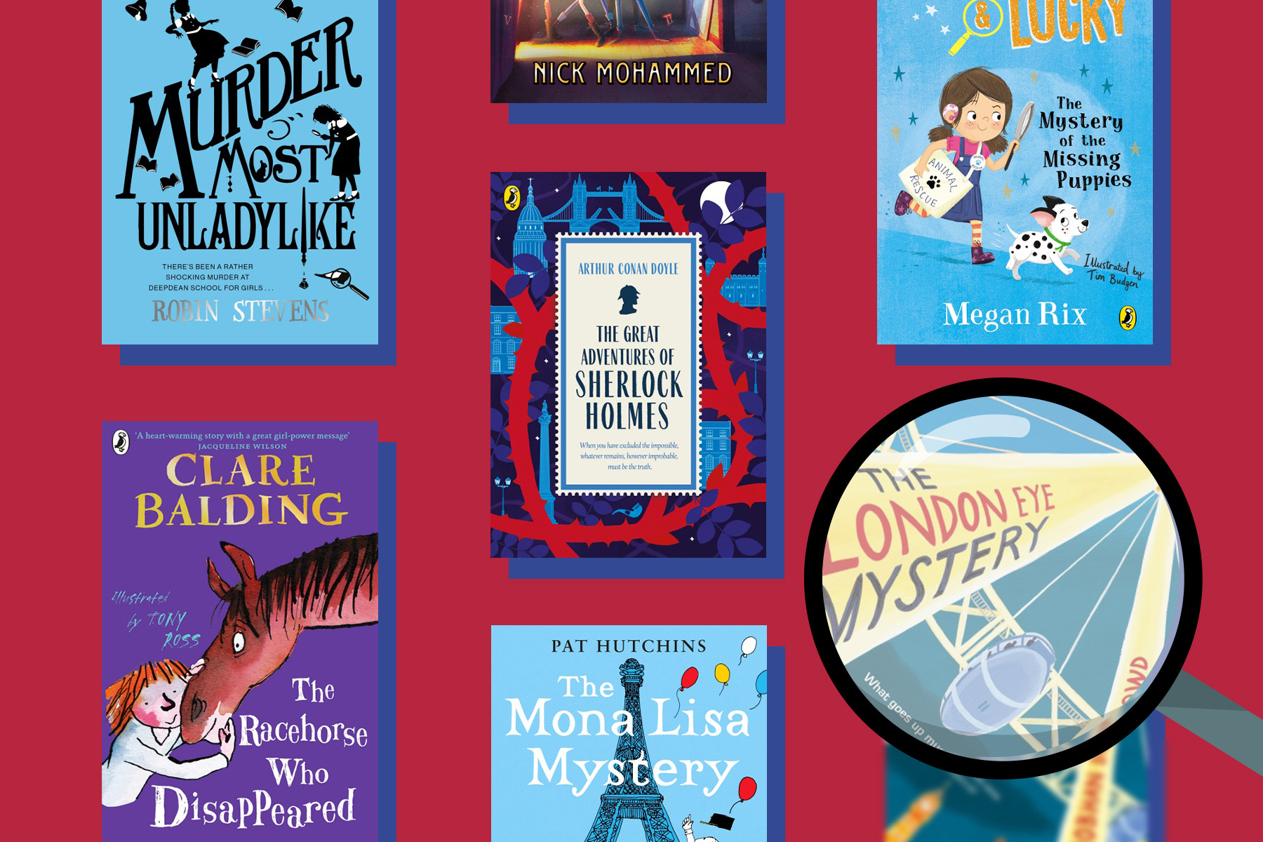 A photo of a selection of children's crime books on a red background with a magnifying glass hovering over the book The London Mystery by Siobhan Dowd