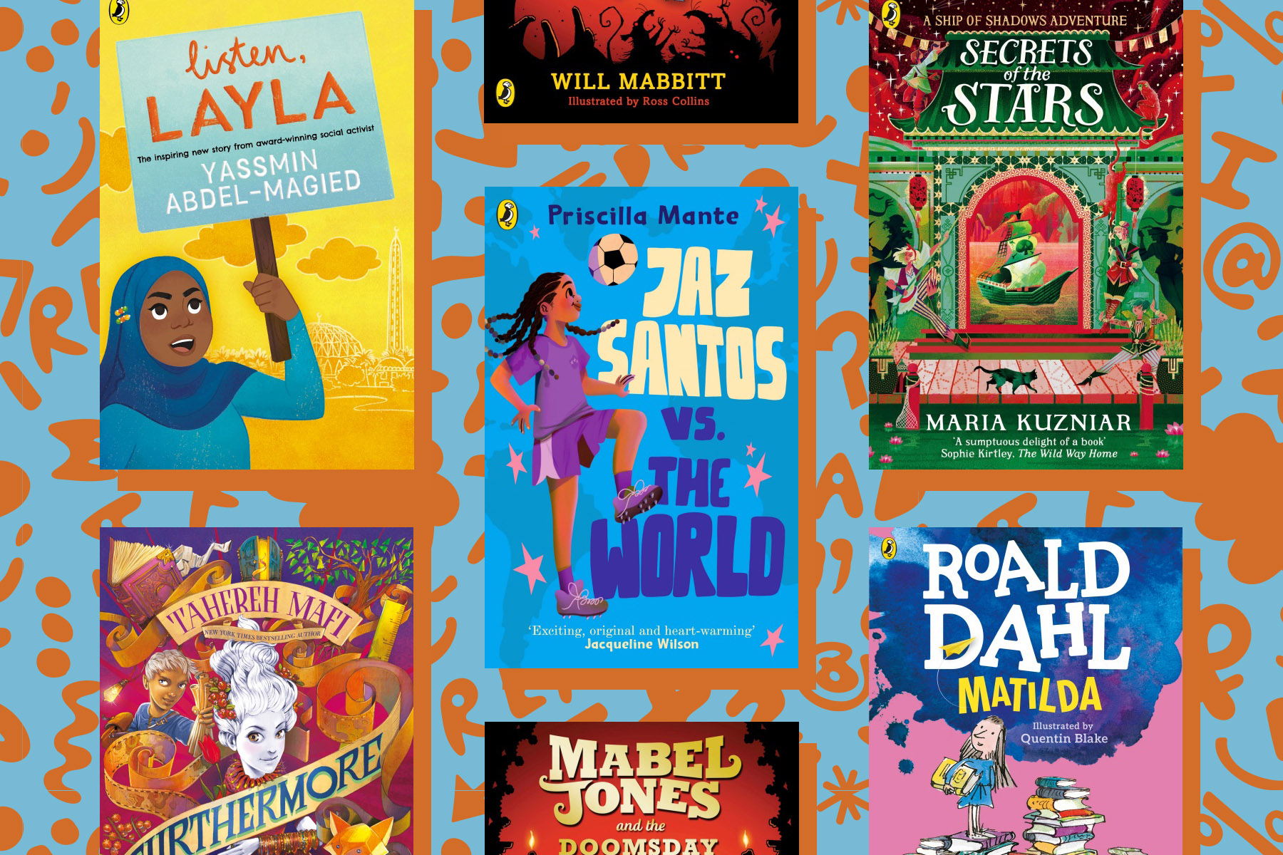 A selection of fiction books with empowering girl characters on a light blue background with orange squiggles and doodles