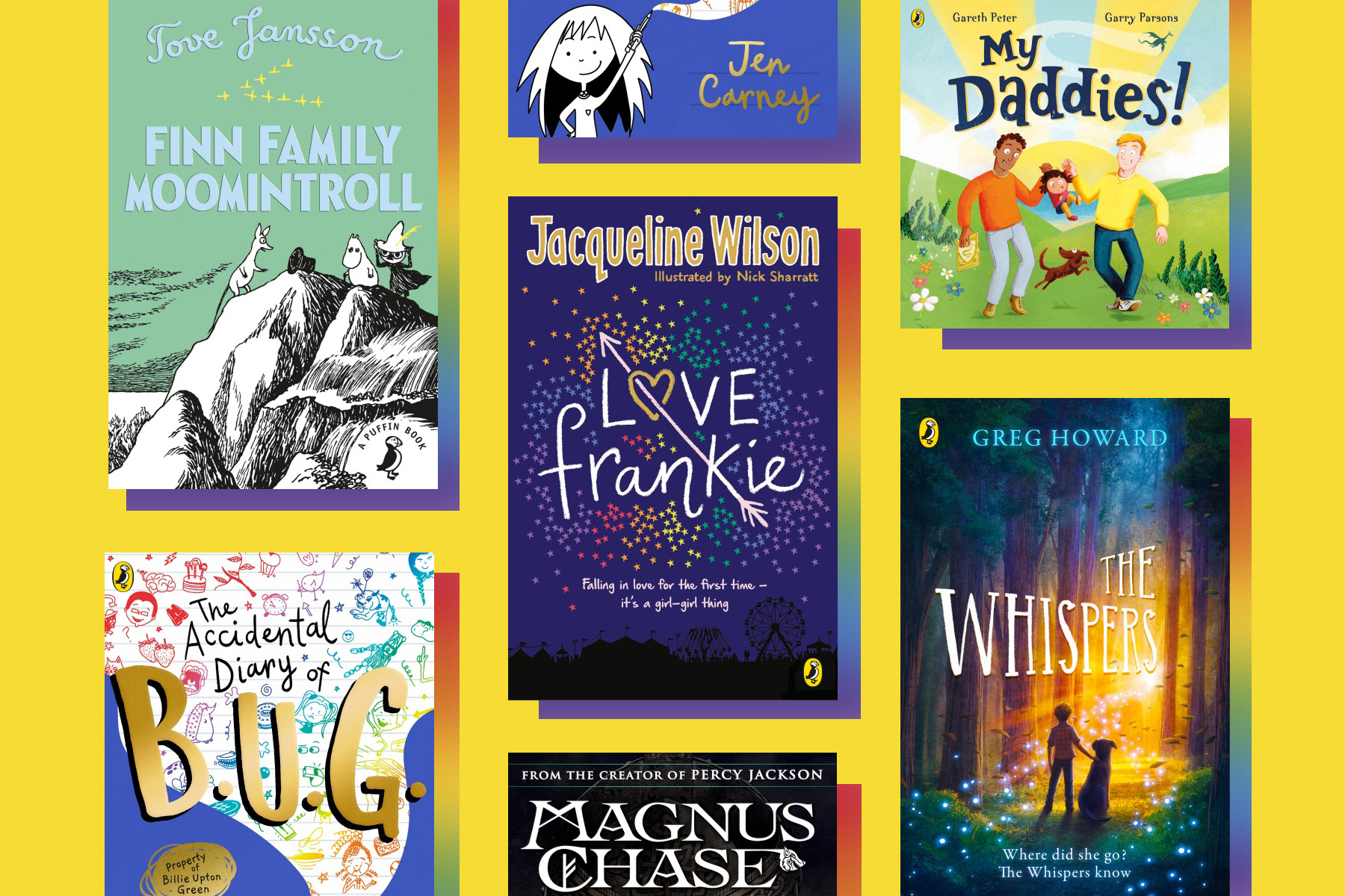 A photo of a selection of children's books with LGBTQIA+ themes and characters on a yellow background with multicoloured shadows