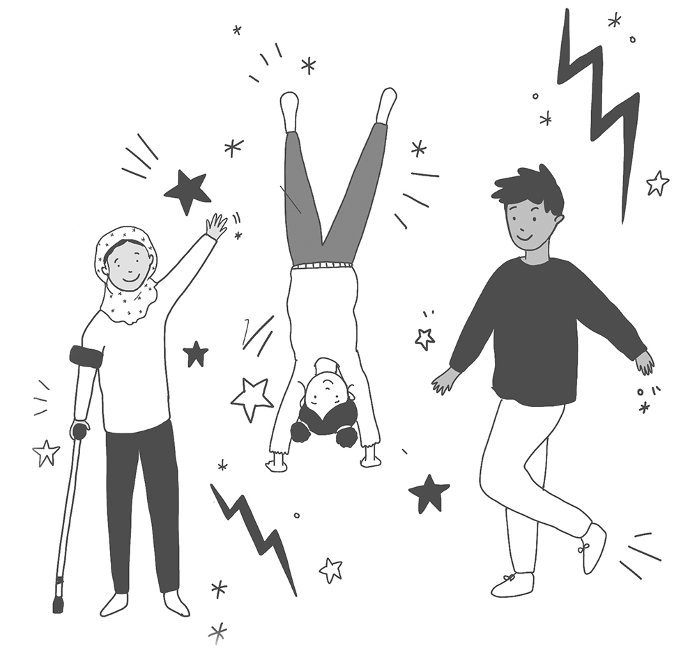 An illustration from Body Happy Kids of three children (including one child who is disabled) moving for fun surrounded by stars and small lightning bolts