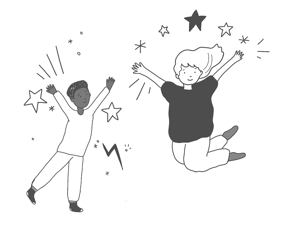 Yıldızlar ve küçük şimşeklerle çevrili havada zıplayan iki çocuğun Body Happy Kids'ten bir illüstrasyonu