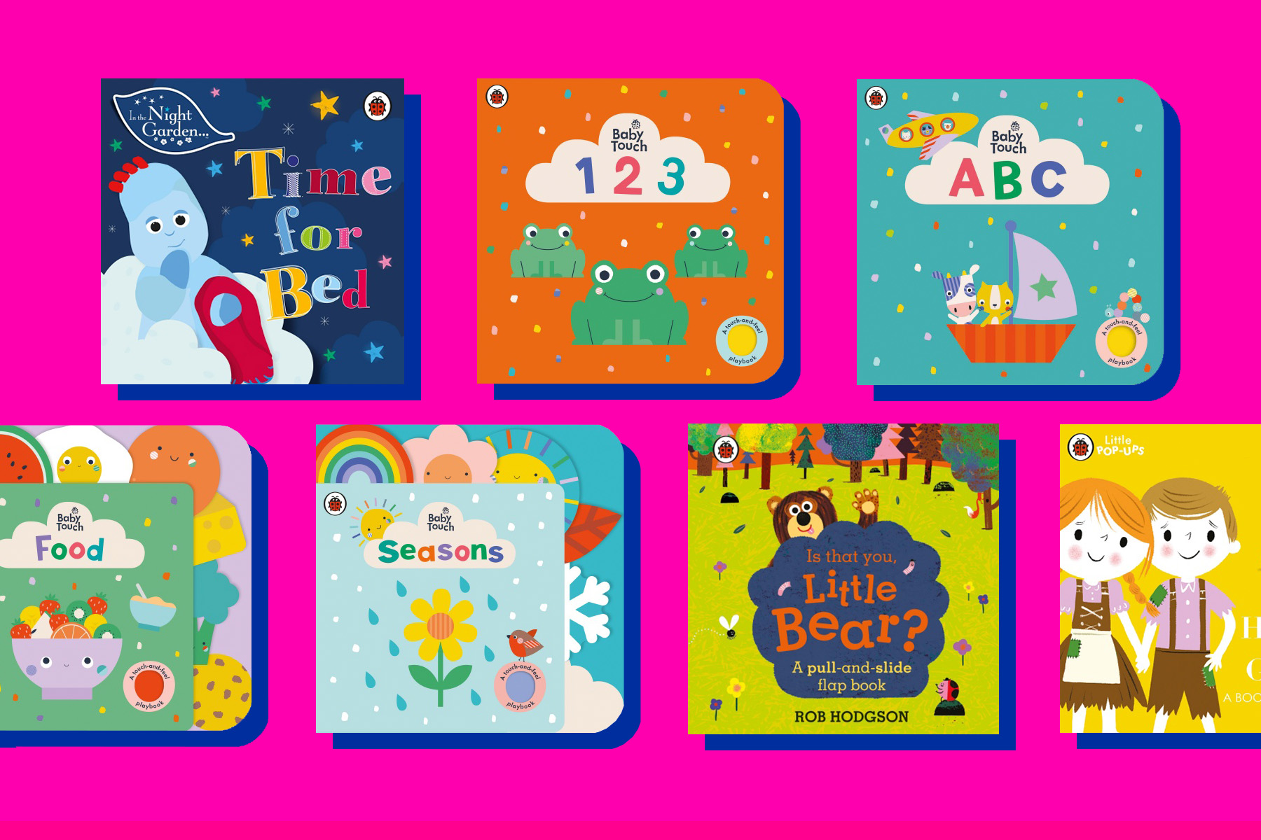 A picture of several books for one-year-olds on a bright pink background