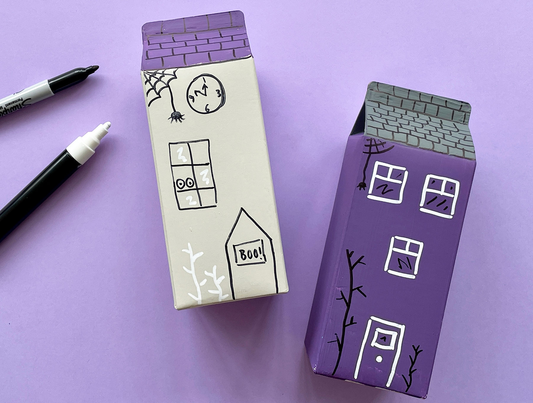 A photo of two painted cartons have windows, doors and other house features drawn on them with a black and white sharpie