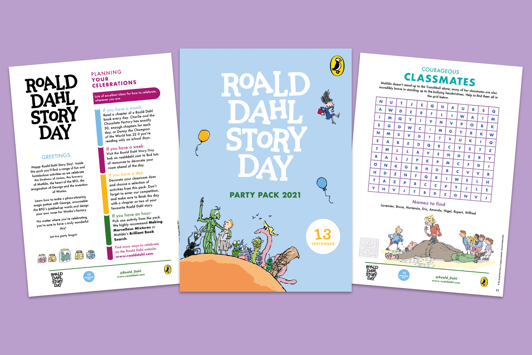 A picture of a few sheets from the Roald Dahl activity pack on a light purple background