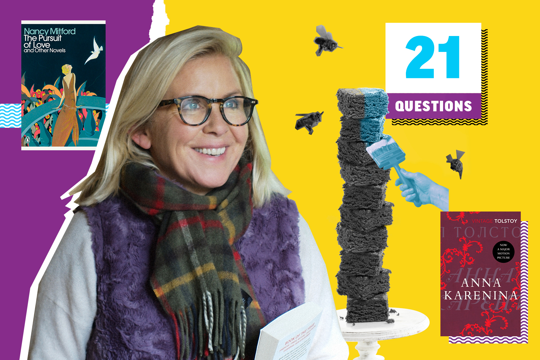 An image of author Lucy Hawking on a yellow and purple background. She is smiling beside a book cover of The Pursuit of Love and Anna Karenina, and there is a stack of brownies being glazed with a brush and bees flying around