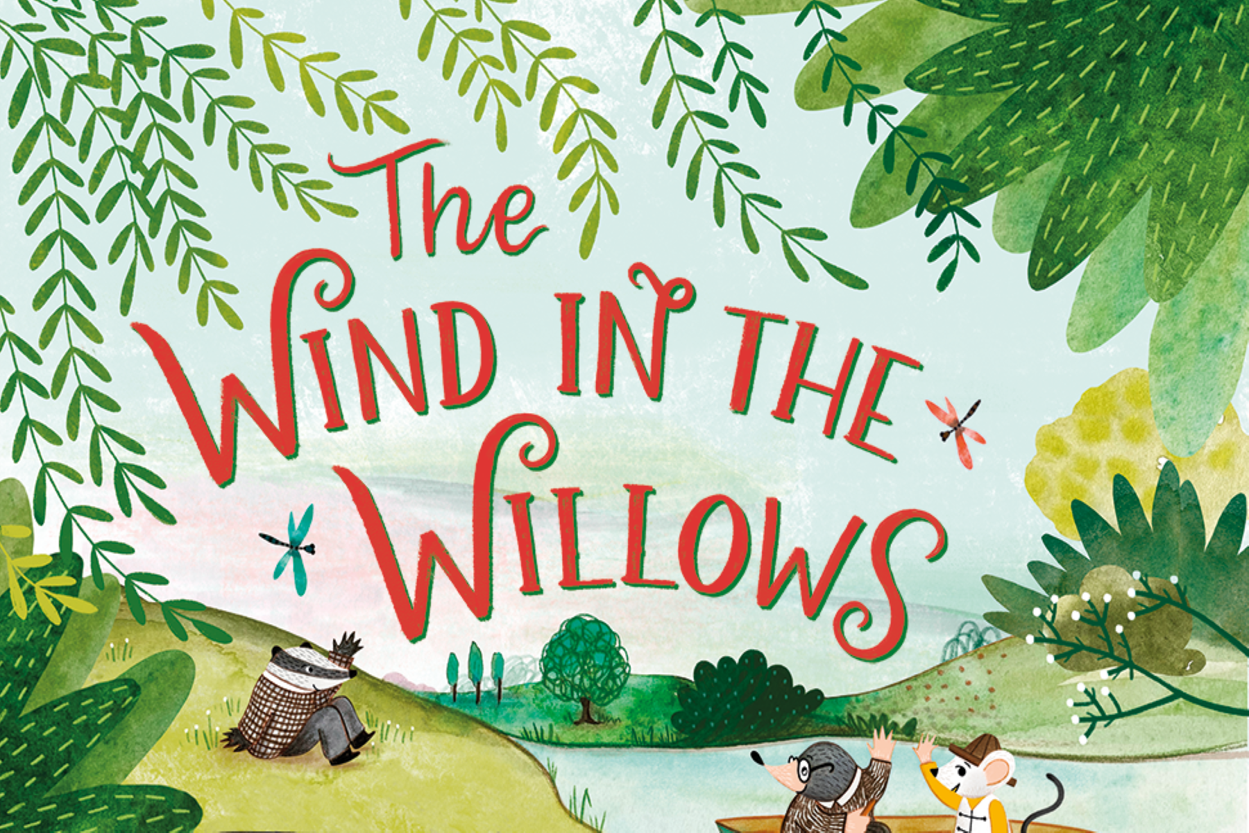 An image featuring typography of The Wind in the Willows against an illustration showing a river and Badger, Ratty and Mole