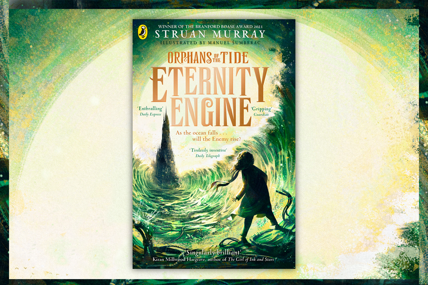 A photo of the book Eternity Engine by Struan Murray on a light green watercolour style background with a dark green border